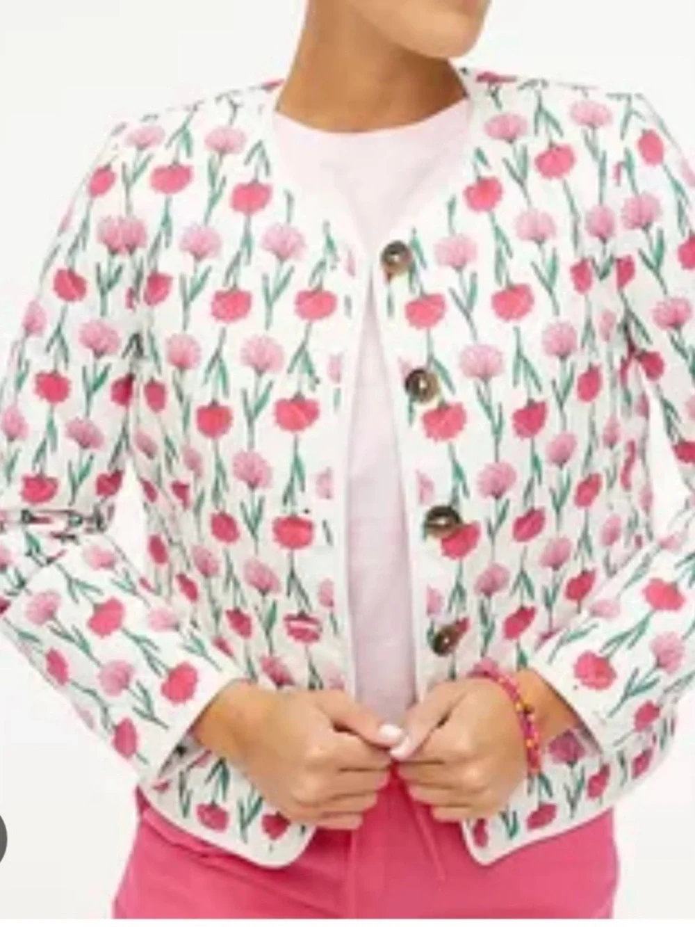 J. Crew Quilted White Jacket with Pink Floral Print - Picture 1 of 5